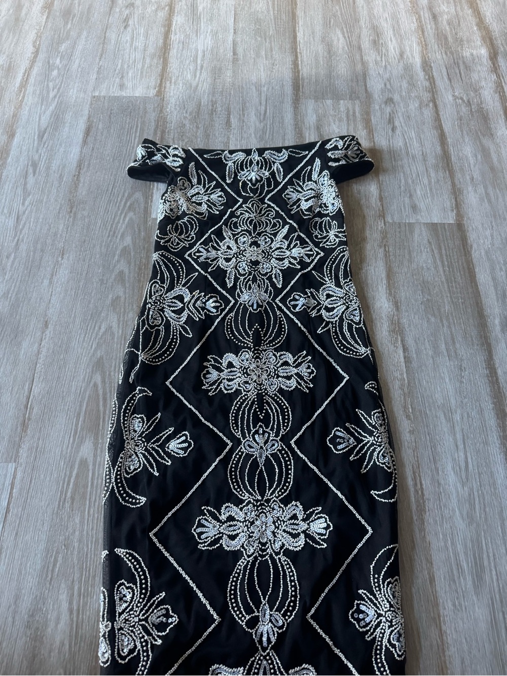 Adrianna Papell Black Strapless Dress with White Beaded Embroidery